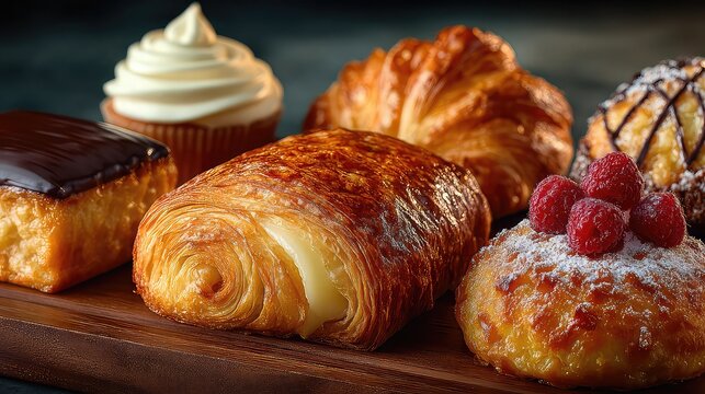 Assorted bakery items on wooden board including croissants and pastries with chocolate cream and fresh raspberries