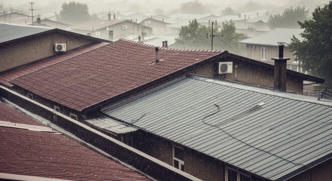 Overhead View of Residential Rooftops on a Cloudy Day.