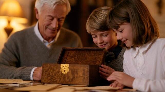 family memory box, grandchildren emotional as they open vintage memory box with grandparents old letters and photos scattered, creating warm nostalgic atmosphere
