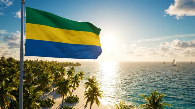 Gambian flag on tropical beach with sailboats