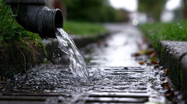 Water flowing from a downspout into a storm drain
