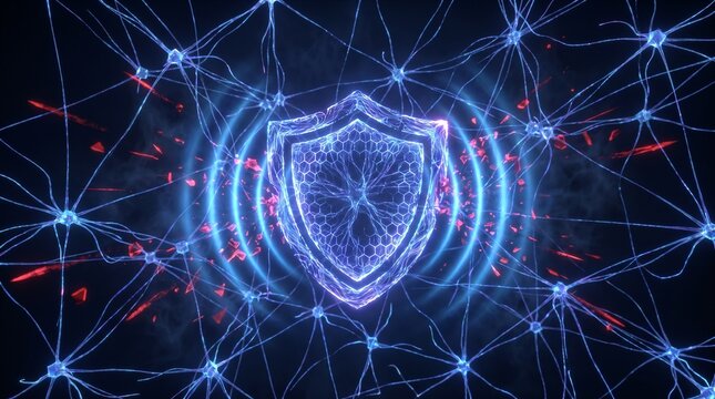 Neural Network Shield Deflecting Cyber Threats &mdash; AI-Powered Digital Security Abstract