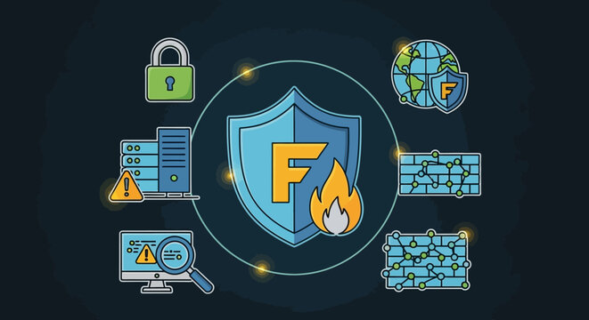 Cybersecurity concept with firewall shield and network icons.