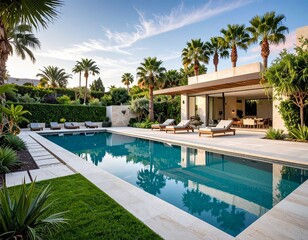 Fototapeta premium Moderne Gartengestaltung mit luxuriösem Infinity-Pool