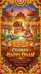 Fototapeta premium Happy Onam Greeting with Traditional Kerala with Mahabali and Floral Decoration