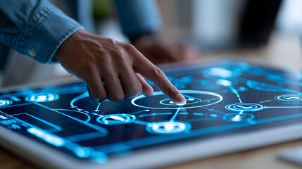 Naklejka premium Digital soccer tactics displayed on an innovative interactive coaching board, modern sports technology concept, with copy space