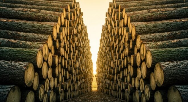 Vast Lumber Yard Stacked with Cut Timber Logs Under Golden Sunset Light.