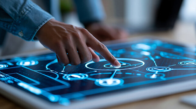 Digital soccer tactics displayed on an innovative interactive coaching board, modern sports technology concept, with copy space