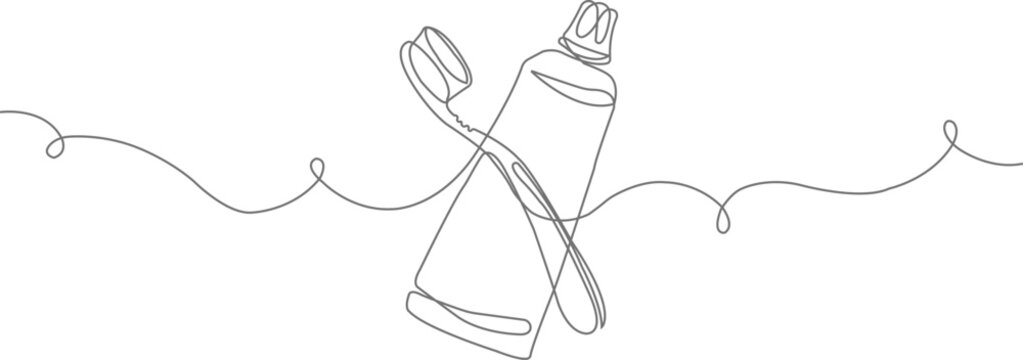 Toothbrush and toothpaste continuous line drawing dental hygiene