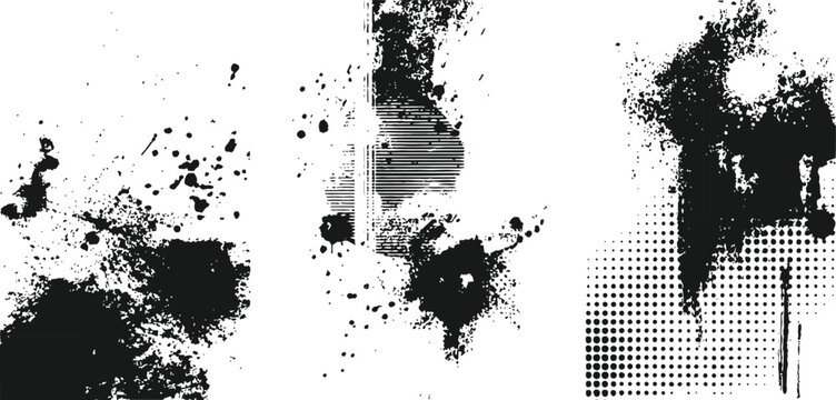 Abstract black grunge vector set with ink blots paint splatters and halftone geometric patterns illustration.