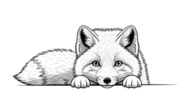 Illustration of a cute fox peeking over a surface, black and white sketch