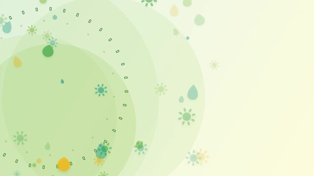 Eco green environment background loop featuring flat icons of suns, water drops, and leaves floating on a soft abstract backdrop. Great for climate and nature presentation slides