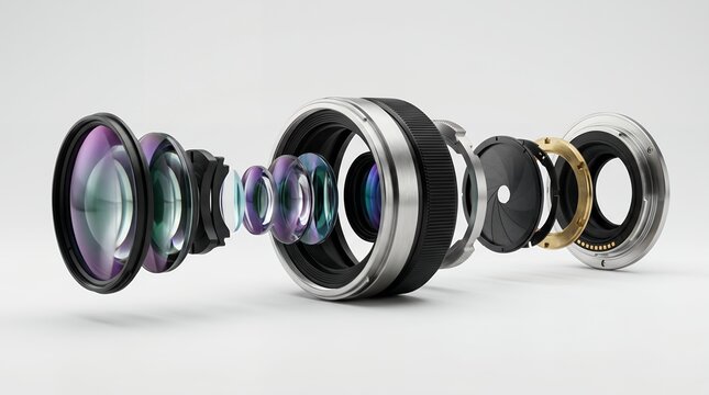 Detailed technical exploded view schematic diagram of a professional photographic camera lens assembly showcasing internal glass elements optical layers mechanical aperture rings mount structure