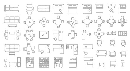 Collection of top down furniture icons for interior design plans. © Siti