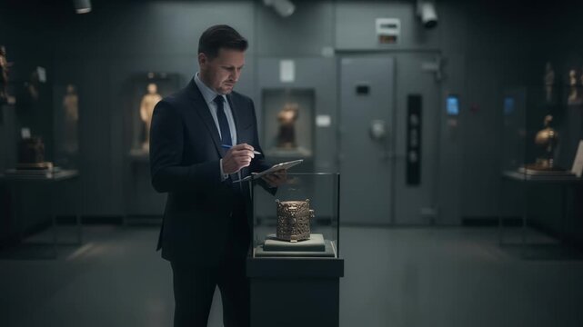 Insurance specialist assessing priceless collectibles in a museums secure vault with main object in sharp focus and room gently blurred.