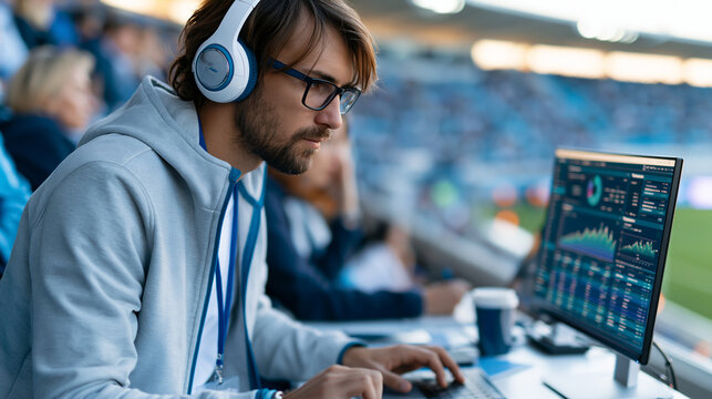 Sports data analyst monitoring live game statistics in a stadium, analytics professional career concept, with copy space