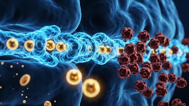 Blood-Brain Barrier Visualization with Blue and Red Cells Moving Through a Microscopic Pathway