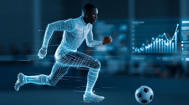 Soccer player data analysis and training performance visualization, sports technology system concept, with copy space