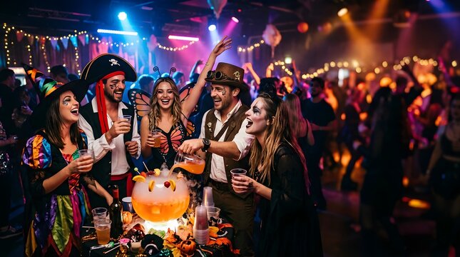Friends in costumes enjoying drinks at a vibrant nightclub halloween party