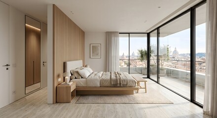 Fototapeta premium Modern Luxury Bedroom Interior with City View Terrace