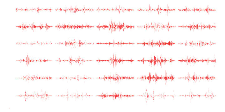 Collection of red sound wave audio waveforms heartbeat monitor seismic earthquake lines vector illustration set.