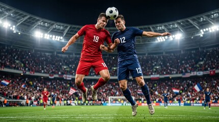 Naklejka premium Two anonymous football players jumping for the ball in a stadium