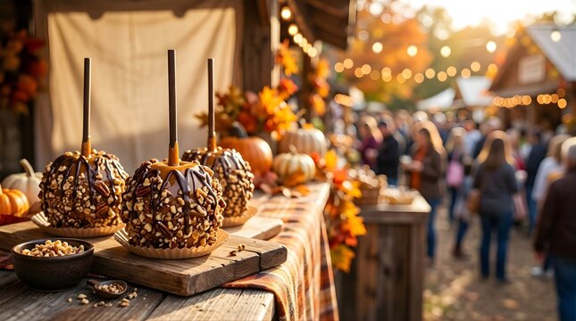 Gourmet caramel apples covered with nuts at an outdoor autumn market