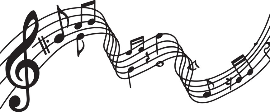 Wavy musical staff with treble clef and various black notes isolated on transparent background