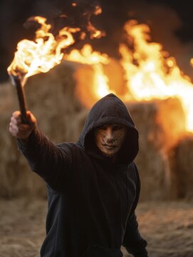 Maskierte Person hebt Fackel vor brennendem Strohlager in der Nacht, Brandstiftung, Brandleger, Feuerteufel, Pyromane, Pyromanie, Kriminalit&auml;t, dunkle und bedrohliche Atmosph&auml;re, AI generiert, AI generated