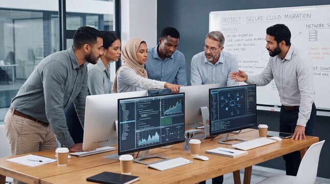 Diverse professional team collaborating on cloud migration project in office.