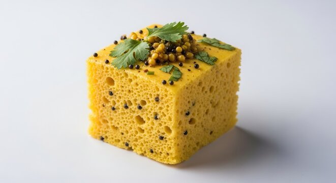 Delicious Indian Dhokla snack garnished with coriander seeds and leaves.