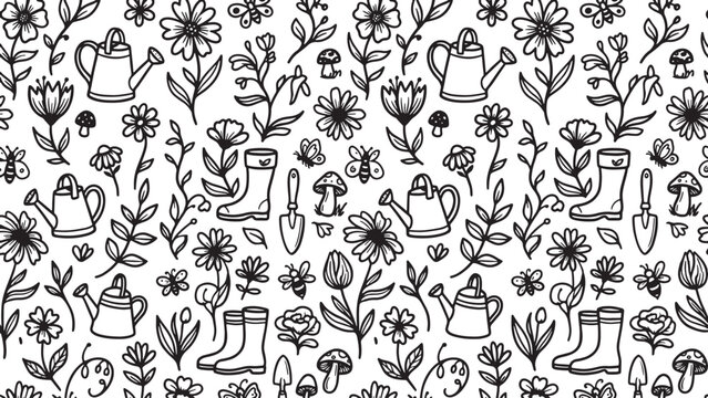 Whimsical handdrawn garden pattern featuring watering cans boots flowers and bees