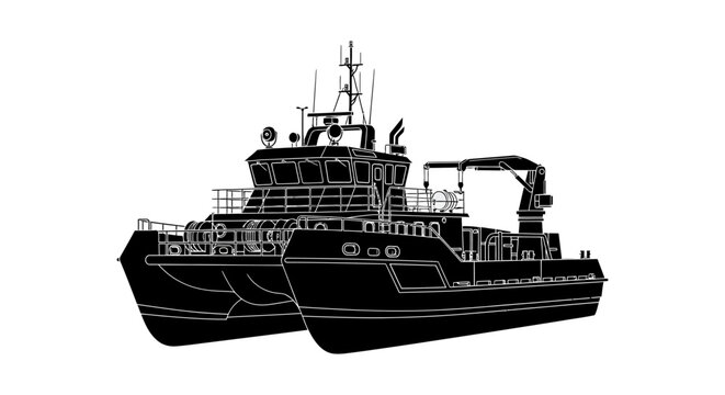 Fishing vessel silhouette against a white background detailed line art