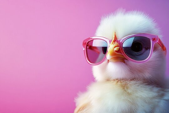 Young chick with sunglasses in fornt of pink background with copy space. Generative Ai, AI generated