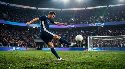 Naklejka premium Professional football striker shooting a goal in a stadium with a large crowd