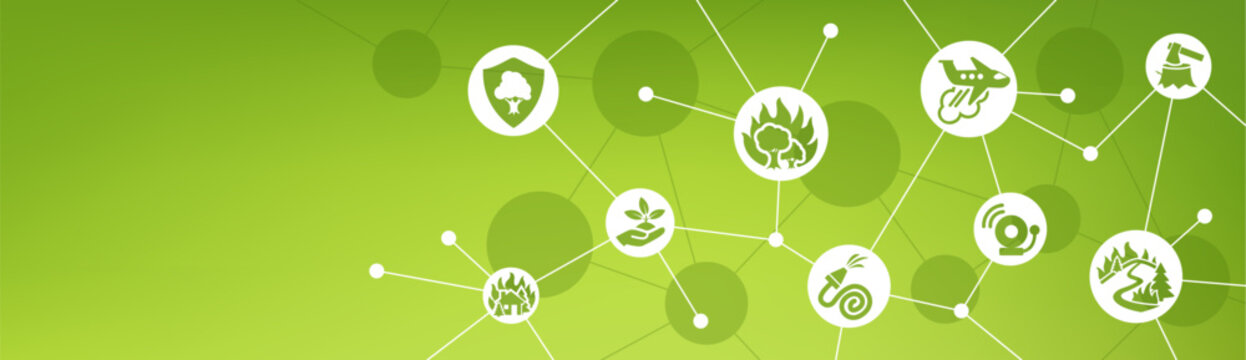 wildfire prevention & control illustration. Green concept with icons related to forest fire threats & damage, triggers & risk factors, emergency firefighting, ecological protection, reforestation.