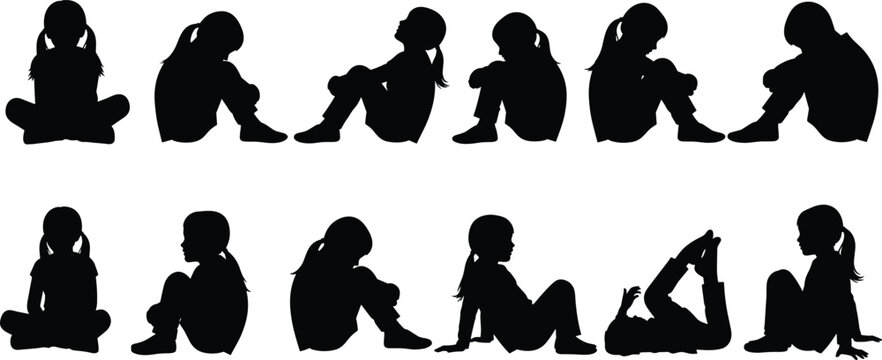 Silhouette collection of child with pigtails in seated and reclining poses, cross-legged, leaning, lying down, artistic posture reference illustration