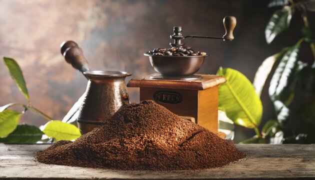 Ground coffee in Kelle, morning still life, golden hour light, AI generated