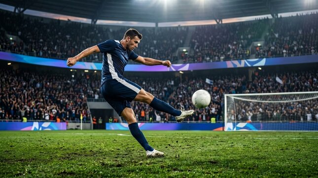 Professional football striker shooting a goal in a stadium with a large crowd