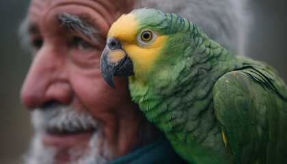 Obraz premium Elderly man smiles while a parrot rests near his cheek during a sunny day in a park