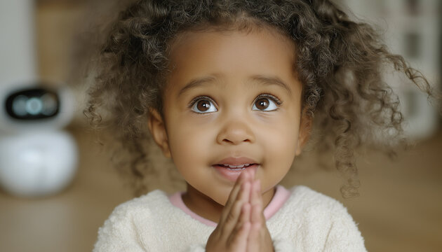 Girl claps her hands in delight while standing indoors with a playful expression and a curious robot in the background