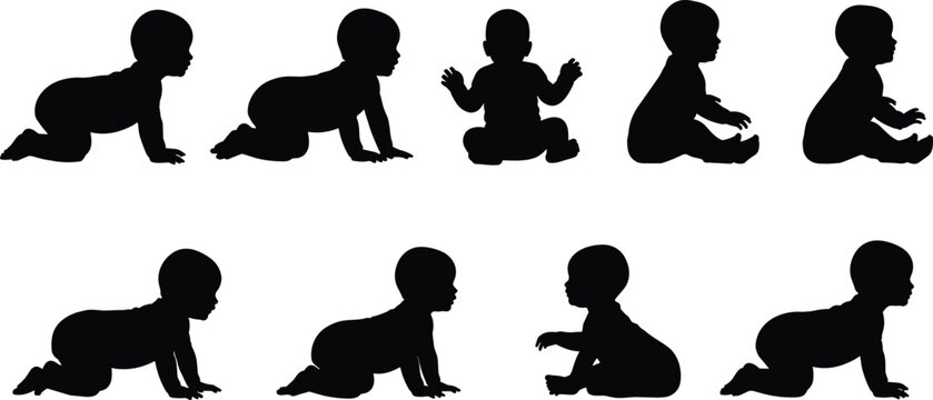 Silhouettes of babies crawling and sitting in various positions, ideal vector illustration for infant development, parenting, and design projects