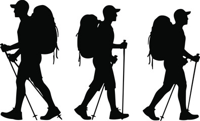 Silhouettes of hikers with backpacks and trekking poles, symbolizing outdoor adventure, endurance, exploration, teamwork, hiking lifestyle, and nature travel themes © uzzala
