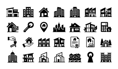 Fototapeta premium Modern Real Estate Home Icons Monochrome Vector Collection