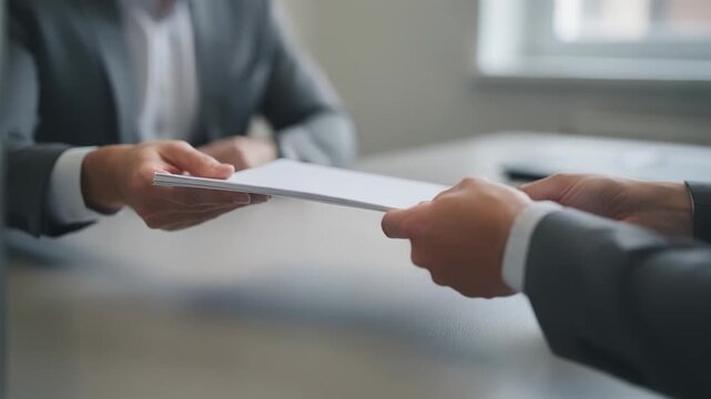 Closeup of hands exchanging documents over a mediation table the faces and surroundings gently defocused to emphasize the paperwork in focus.