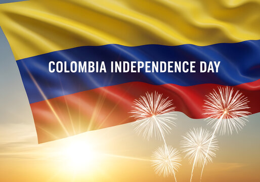 Colombia Independence Day celebration with national flag and fireworks in bright daylight