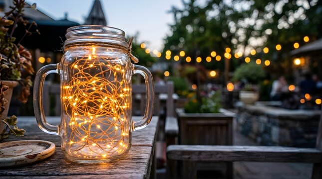 Illuminated fairy lights in a mason jar on a garden table at evening