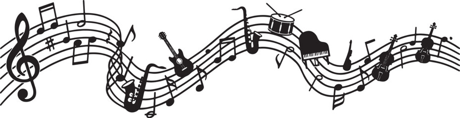 Whimsical musical staff filled with various instruments and notes on a transparent background © GraphicGrove