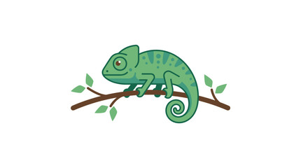 Fototapeta premium Green chameleon perched on a branch with leaves cartoon illustration PNG Isolated on transparent background