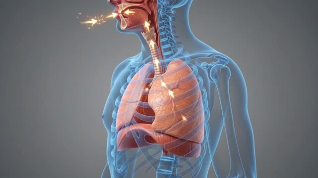 Human Respiratory System Breathing Process with Lungs and Organs on a Gray Background Medical Animation Concept